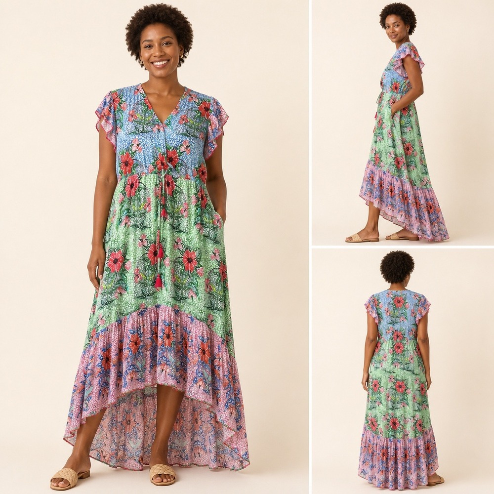 Lula Soul Monmarte Maxi Dress Viscose S Multicolor Floral Boho High Low Pockets